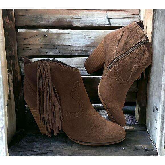 Steve Madden Brown Velvet Suede Fringe Booties Western Cowboy Country Sz 7.5 - Picture 1 of 12